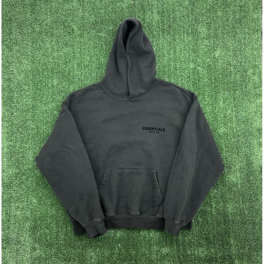 Fear of God FOG Essentials Black Stretch Limo Hoodie Velvet Letters Mens Large
